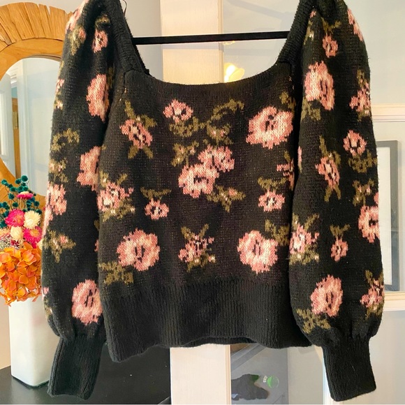 Anthropologie Square Neck Sweater in Black Floral NWT S - Picture 5 of 8